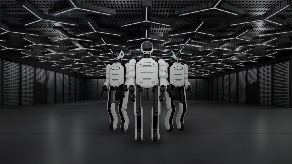 AEON robots in lit hallspace