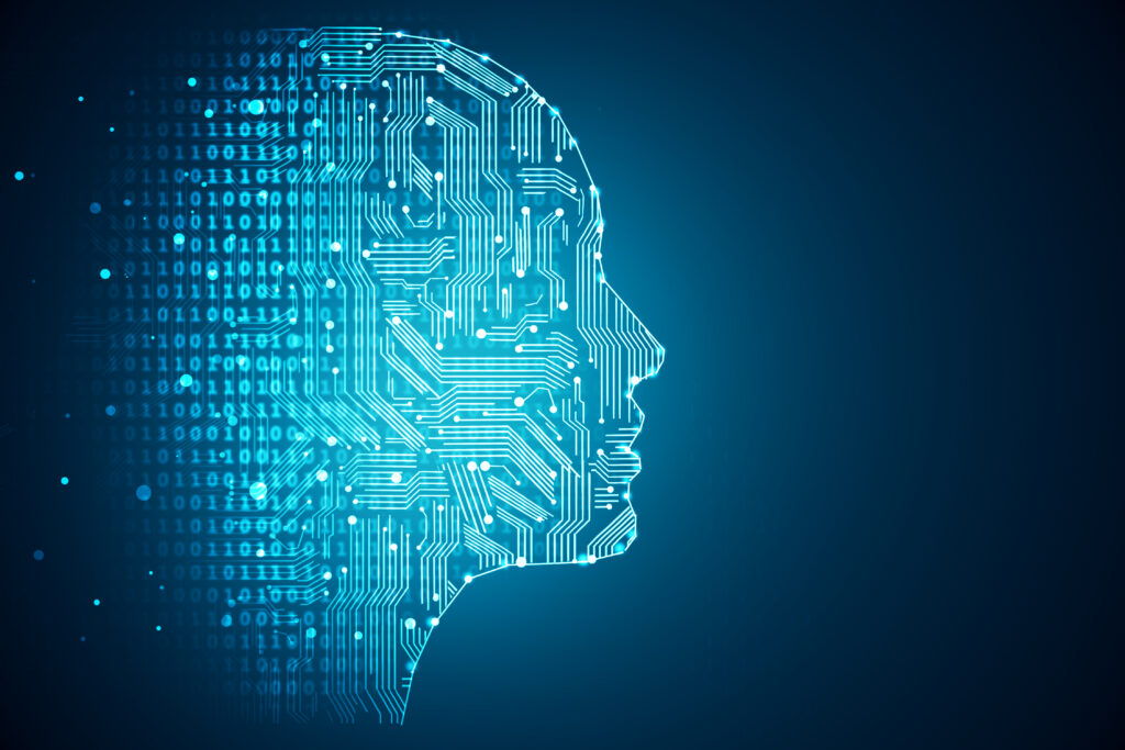 Artificial intelligence. Human head outline with circuit board inside. Technology and engineering concept. 3D Rendering